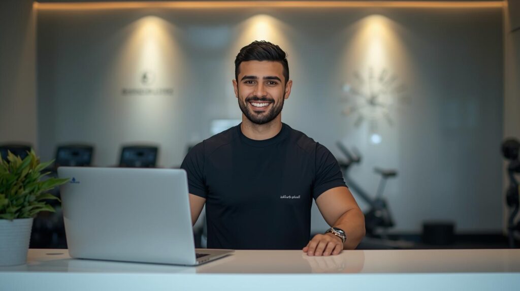 make a professional image in which the gym trainer is smiling with the laptop on the reception of the gym.