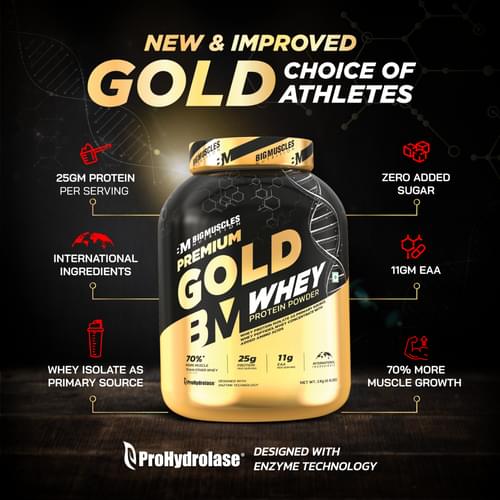 bigmuscles nutrition premium gold whey [1kg] | informed choice uk certified | isolate whey protein blend | 25g protein | 11g eaa | prohydrolase enzyme technology [chocolate]