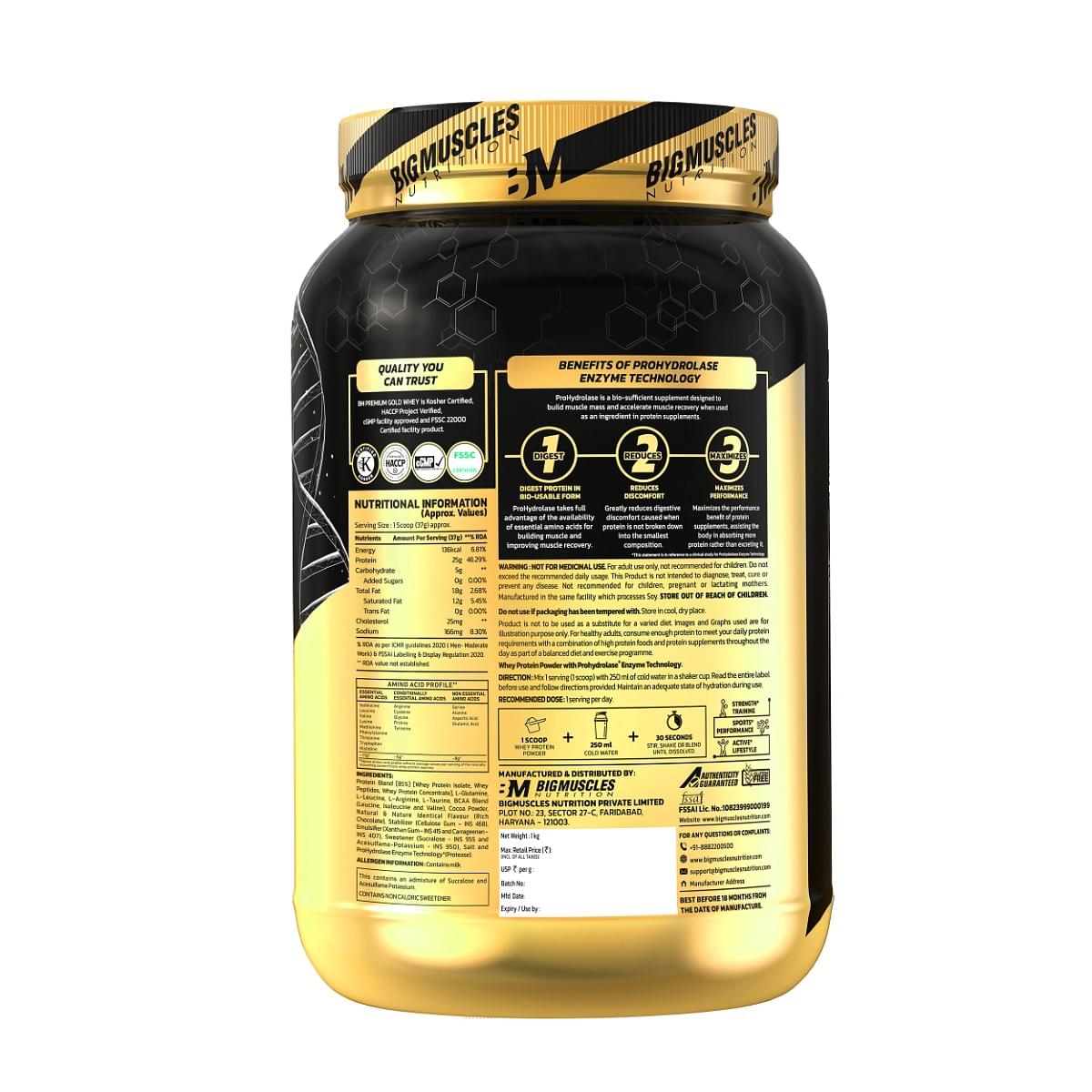 bigmuscles nutrition premium gold whey [1kg] | informed choice uk certified | isolate whey protein blend | 25g protein | 11g eaa | prohydrolase enzyme technology [chocolate]